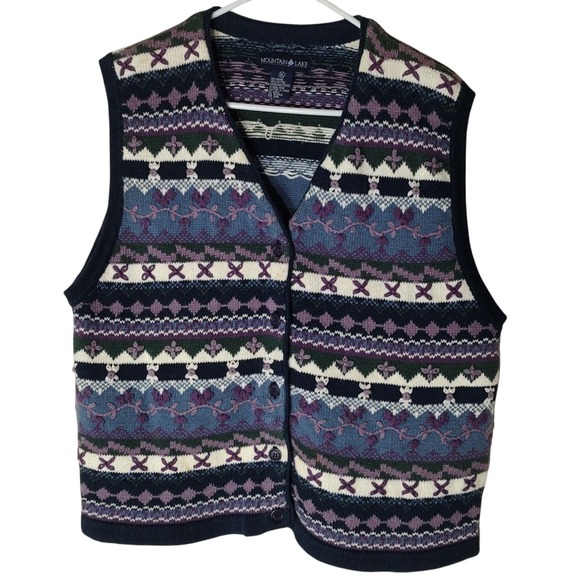 Mountain Lake Jackets & Blazers - Vintage Mountain Lake Knit Vest Blue Purple Embroidered Womens Extra Large